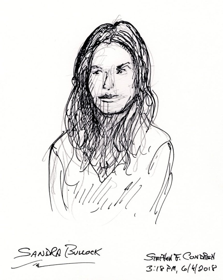 Sandra Bullock #2423A pen & ink celebrity portrait with dark hair and hatching.