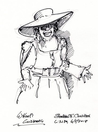 Whoopi Goldberg #2420A pen & ink celebrity portrait with large hat and dark hatch lines.