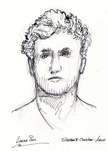 Logan Paul #2413A pen & ink celebrity portrait fine contour lines and cross-hatching.