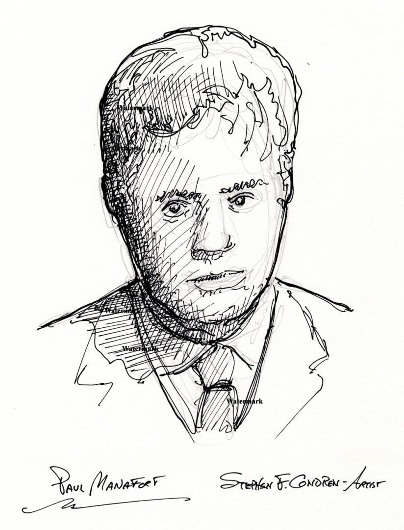 Paul Manafort #2406A pen & ink celebrity portrait shows him in a shirt and tie.