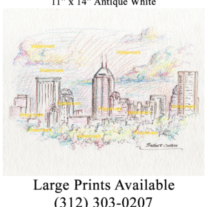 Indianapolis skyline #2447A pen & ink, color pencil, cityscape drawing of the downtown area with large clouds.