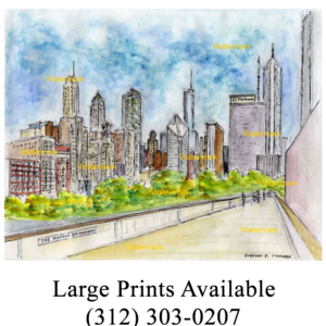 Chicago Nichols Bridgeway #2449A pen & ink, cityscape watercolor of Millennium Park.