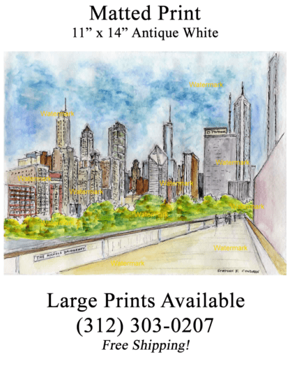 Chicago Nichols Bridgeway #2449A pen & ink, cityscape watercolor of Millennium Park.