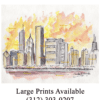 Chicago skyline watercolor at sunset east Randolph