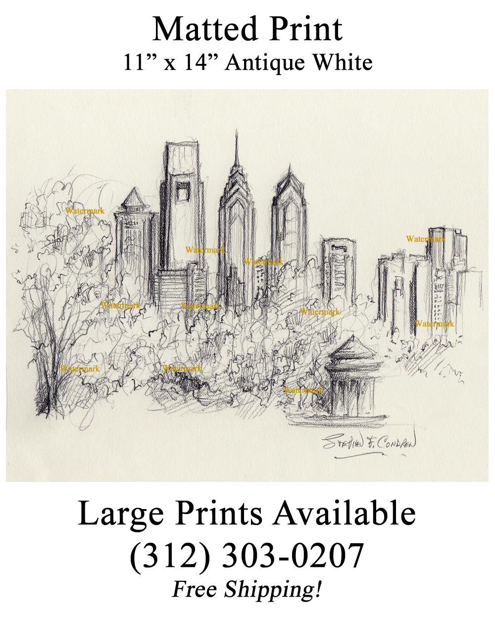 Philadelphia Skyline 803A Charcoal Drawing Prints