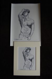 Pen & ink drawing of a shirtless cowboy