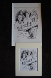 Pencil drawing of people sitting and talking at a bar