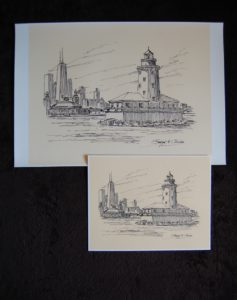 Pen & ink drawing of Chicago Harbor Lighthouse
