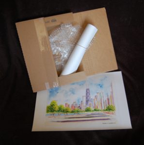 Skyline prints in a shipping box.