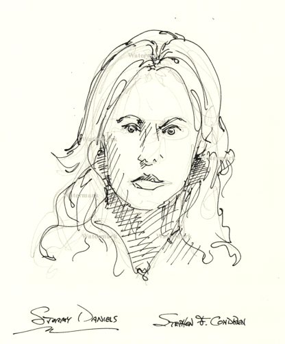 Stormy Daniels #2400A pen & ink celebrity portrait with pretty face and flowing hair.