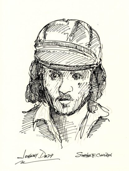 Johnny Depp #2401A pen & ink celebrity portrait with long hair and cap.