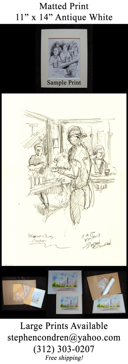 Bar scene #125A pencil tavern drawing of a bartender serving drinks.