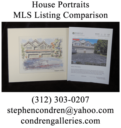 MLS photo with matted house portrait watercolor.