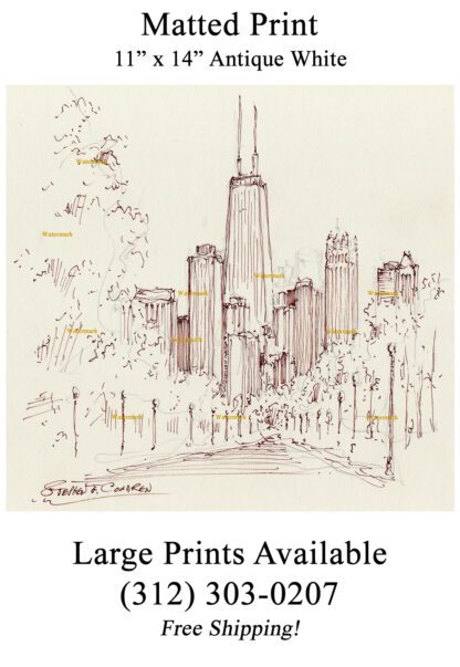 Chicago skyline #870A pen & ink cityscape drawing is popular because of it's view of Lincoln Park.
