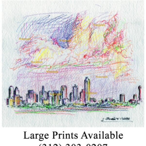 Dallas skyline #2872A pen & ink with color pencil cityscape drawing.