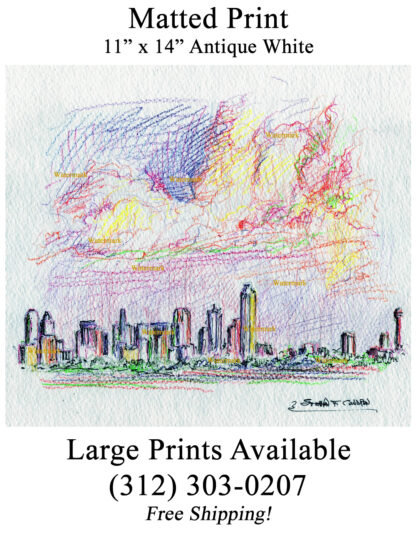 Dallas skyline #2872A pen & ink with color pencil cityscape drawing.