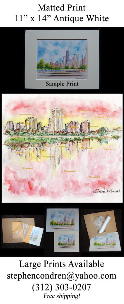 Richmond skyline #616A pen & ink sunset watercolor & scans.