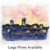 Omaha skyline #619A pen & ink cityscape watercolor is popular because of the colors of the sunset, and the print is matted 11"x14".