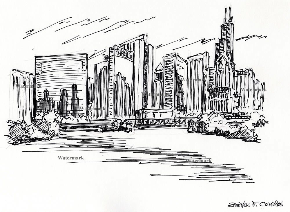 Chicago downtown skyline #741A pen & ink cityscape drawing of the Loop and the river.