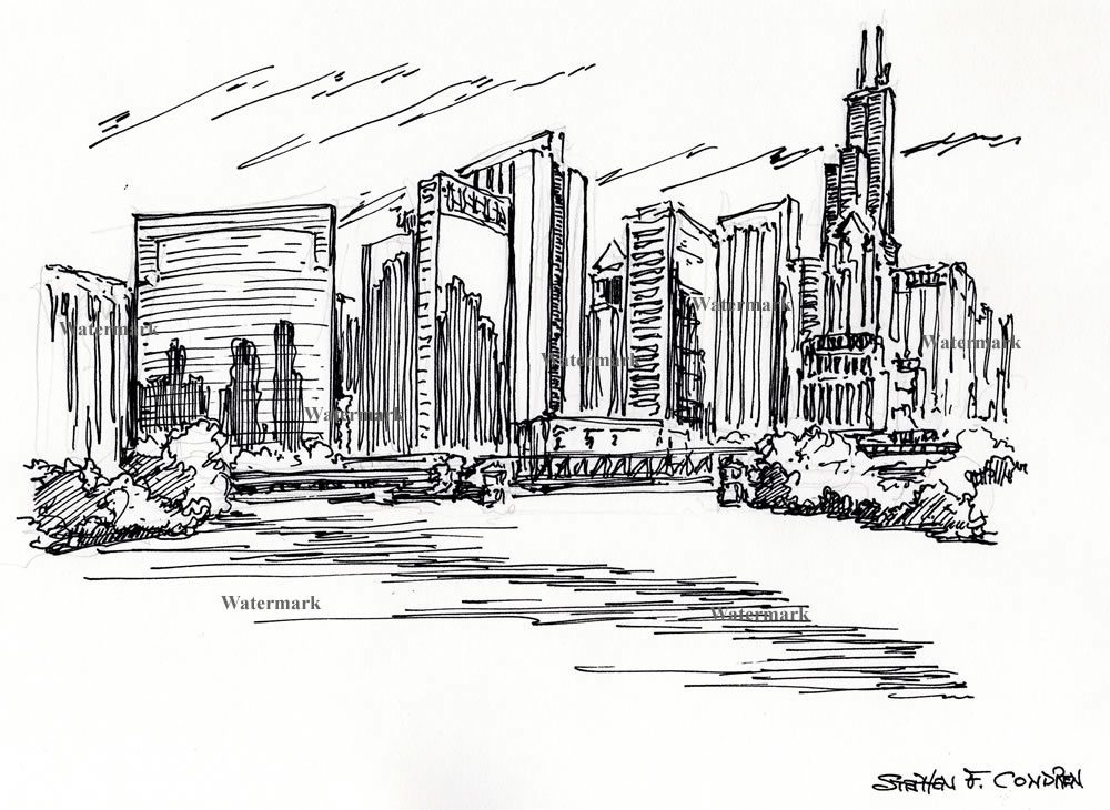 Chicago Skyline Pen & Ink Drawings And Prints #062K – Condren Galleries