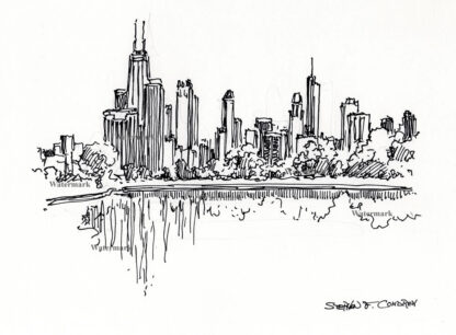 Chicago skyline pen & ink drawing from Lincoln Park.
