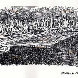 Chicago skyline #746A pen & ink cityscape drawing with a view of the Loop and Burnham Harbor.