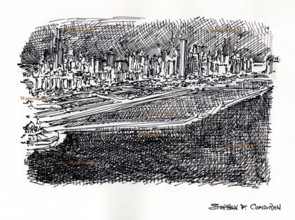 Chicago skyline #746A pen & ink cityscape drawing with a view of the Loop and Burnham Harbor.
