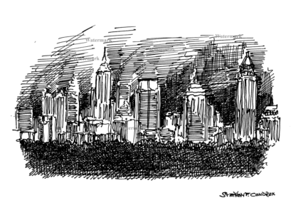 Atlanta skyline #821A pen & ink cityscape drawing is popular because of it's view of downtown at night.