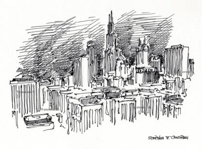 Chicago skyline #856A pen & ink drawing is popular because of it's view of the Loop at nighttime.
