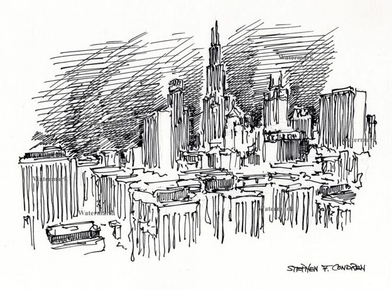 Chicago skyline #856A pen & ink drawing is popular because of it's view of the Loop at nighttime.