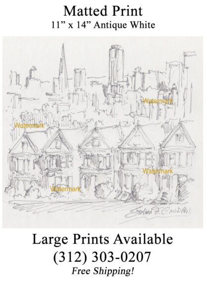 San Francisco skyline #888A pen & ink cityscape drawing is popular because of it's view of painted ladies.