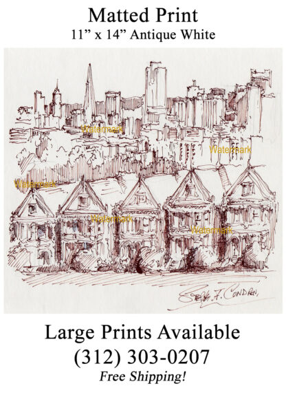 San Francisco skyline #889A pen ink cityscape drawing is popular because of it's view of the painted ladies.