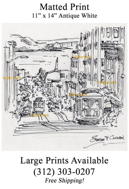 San Francisco trolley #894A pen & ink city scene drawing with a view of Nob Hill.