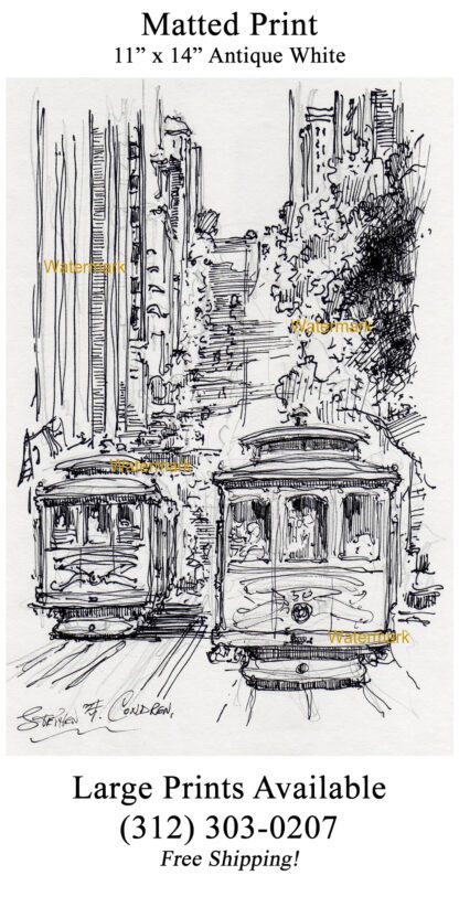 San Francisco trolley #895A pen & ink city scene drawing with views of California Street.