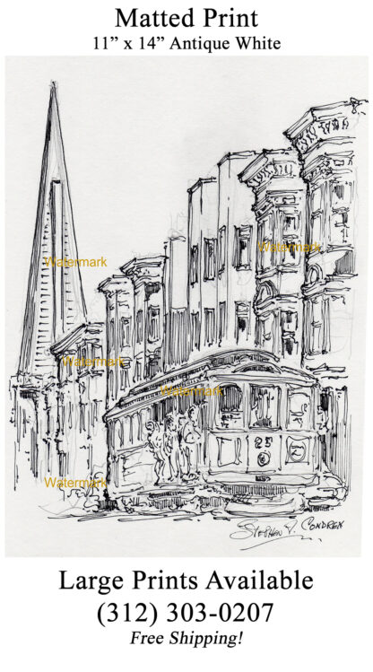 San Francisco trolley #896A pen & ink city scene drawing with people riding on the side.