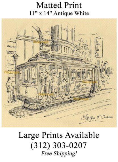 San Francisco trolley #899A pen & ink city scene drawing is popular because of it's view of the trolley.