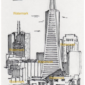 San Francisco skyline #915A pen & ink cityscape drawing is popular with of view of the Transamerica Pyramid.