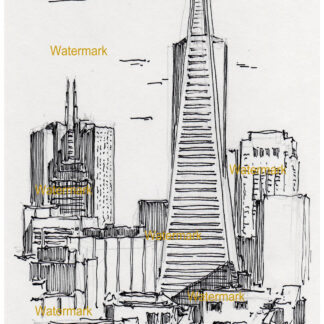 San Francisco skyline #915A pen & ink cityscape drawing is popular with of view of the Transamerica Pyramid.