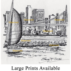 San Francisco skyline #916A pen & ink cityscape drawing is popular because of it's view of the harbor.