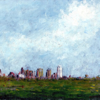 Dallas skyline oil #2876A cityscape painting of downtown from the fields with large clouds.