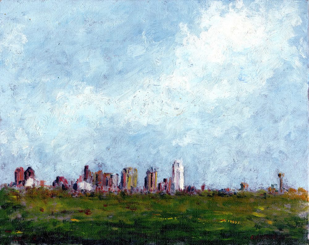 Dallas skyline oil #2876A cityscape painting of downtown from the fields with large clouds.