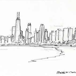 Chicago skyline #747A pen & ink drawing with view of the near north side and Lake Shore Drive.
