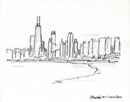 Chicago skyline #747A pen & ink drawing with view of the near north side and Lake Shore Drive.
