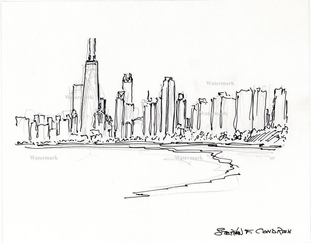 Chicago skyline #747A pen & ink drawing with view of the near north side and Lake Shore Drive.