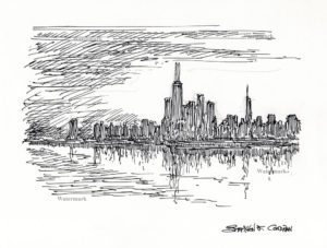 Chicago skyline pen & ink drawing at sunset by Condren.