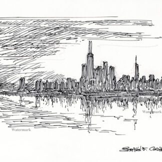 Chicago skyline #751A pen & ink cityscape drawing at sunset on the water.