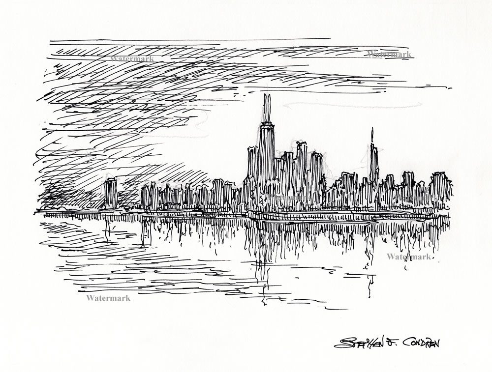 Chicago skyline #751A pen & ink cityscape drawing at sunset on the water.