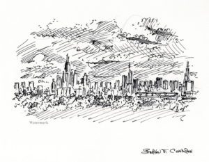 Chicago skyline 752B pen & ink drawing of downtown at sunset.