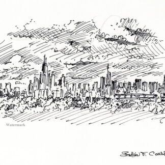 Chicago skyline #752A pen & ink cityscape drawing with cross-hatching of the clouds, and contour lines of the skyscrapers.