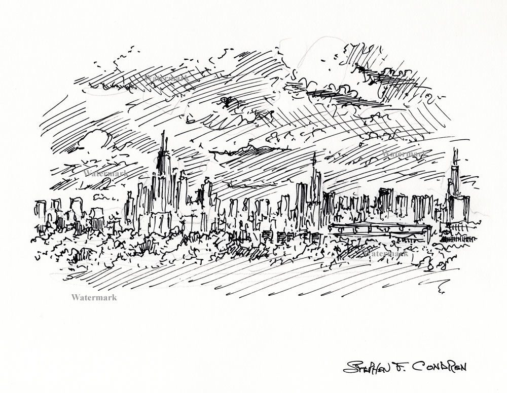 Chicago skyline #752A pen & ink cityscape drawing with cross-hatching of the clouds, and contour lines of the skyscrapers.